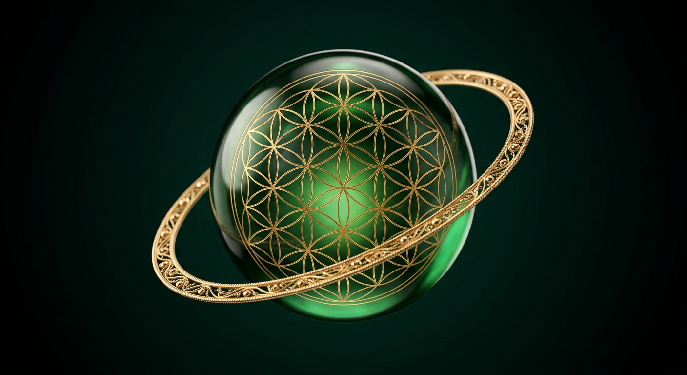 An emerald glass sphere engraved with a gold Flower of Life pattern, encircled by a gold filigree ring